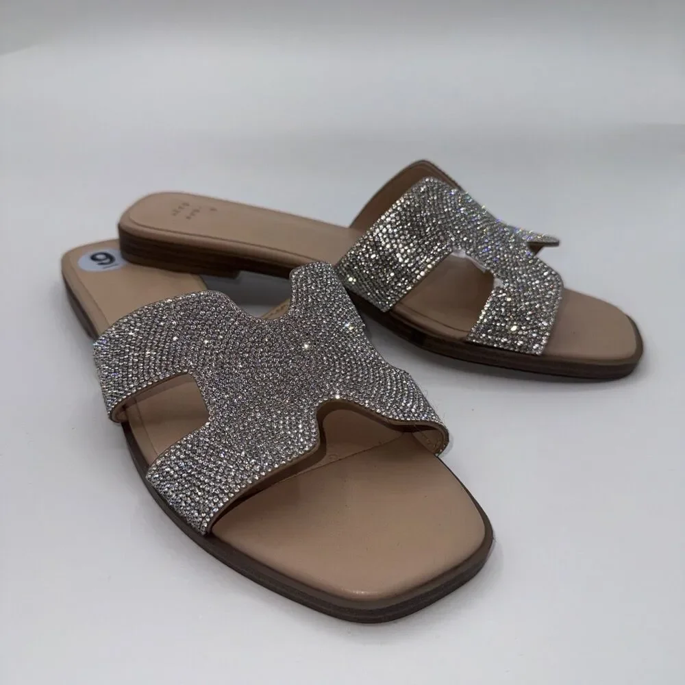 A New Day Women's Silver Rhinestone Slip-On Slide Sandals Synthetic Size 9